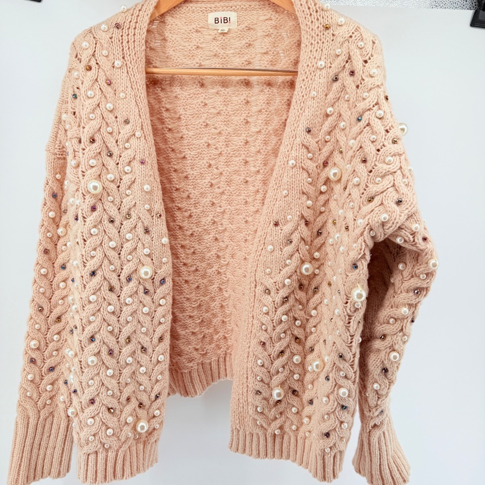 Beautiful BIBI Women's Cream Pearl Embellished Cable Knit‎ Cardigan Sweater XL